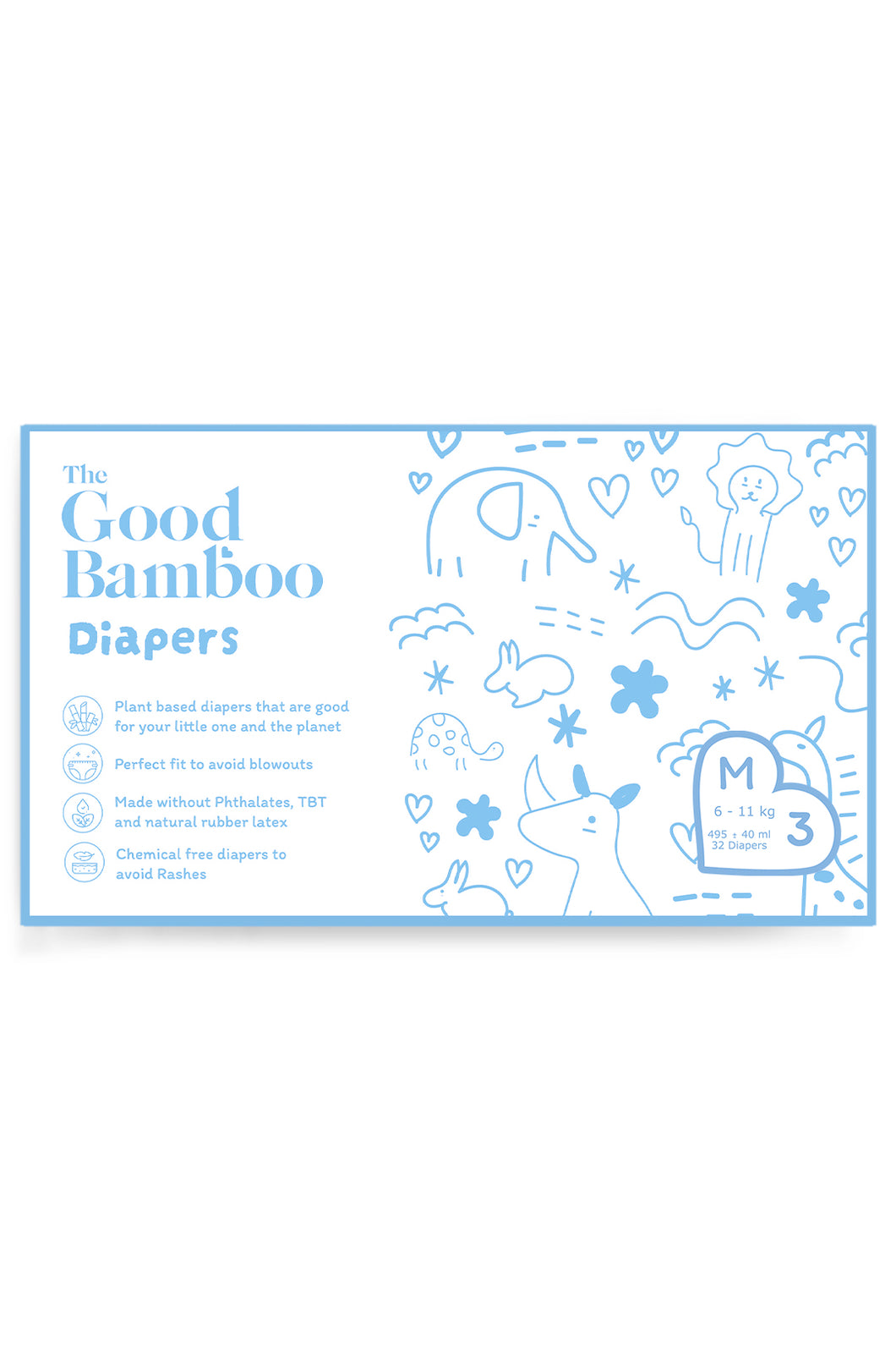 Bamboo Diapers - Medium Size (6-11 Kgs) - Tape Style - 32 Diapers