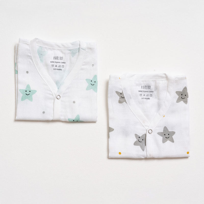 Muslin Jabla set - Mint Smiley Star (2 Pcs)